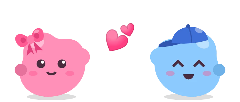 Two jellybeans, pink with a bow and blue with a cap, with a heart between them